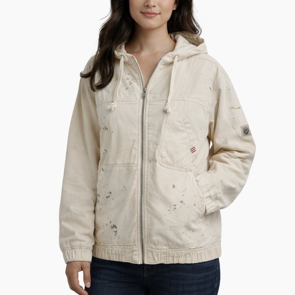 BDG Hooded Jacket Size Medium Cream Paint Splatter Workwear Grunge Casual Street